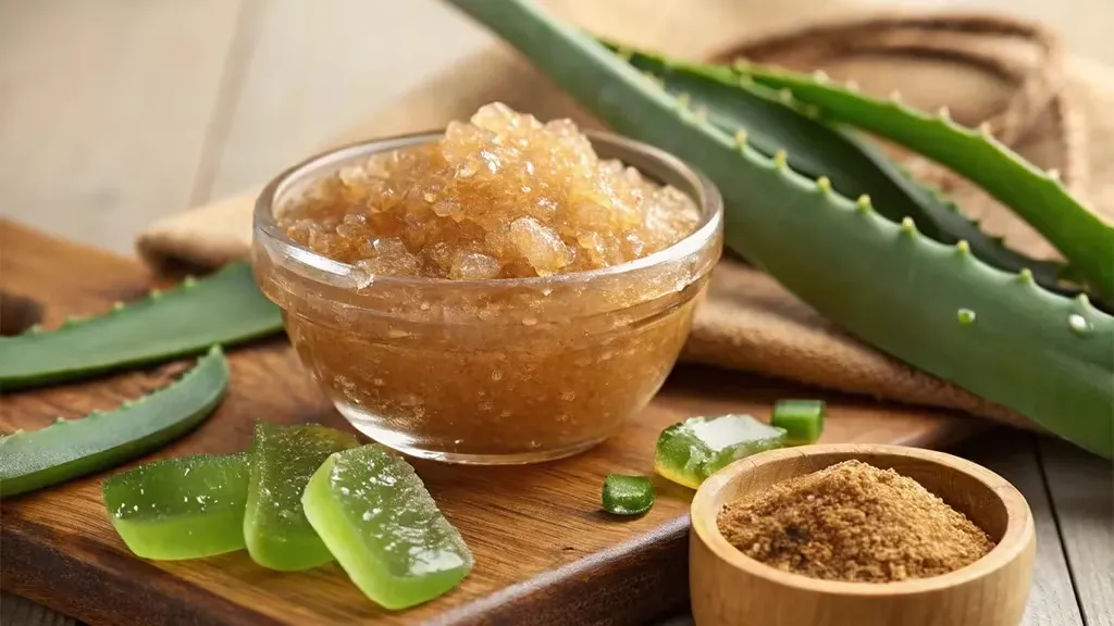 12 نمونه از بهترین و قوی ترین لایه بردار پوست خانگی 9 اسکراب ژل آلوئهورا، روغن زیتون و شکر قهوهای، سازگار با تمامی پوستها